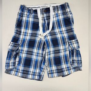 Aeropostale Cargo Shorts Men Size 30X11 Drawstrings 100% Cotton Plaid Blue EUC